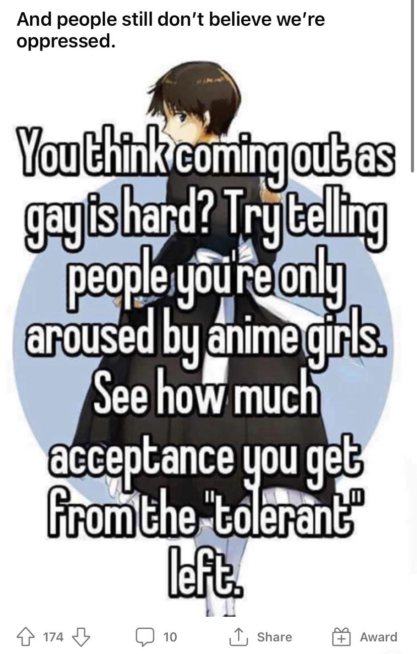 human behavior - And people still don't believe we're oppressed. Youthink coming out as gayishard? Trytelling people youre only aroused by anime girls See how much acceptance you get from the "tolerant left. A 174 B 10 B Award