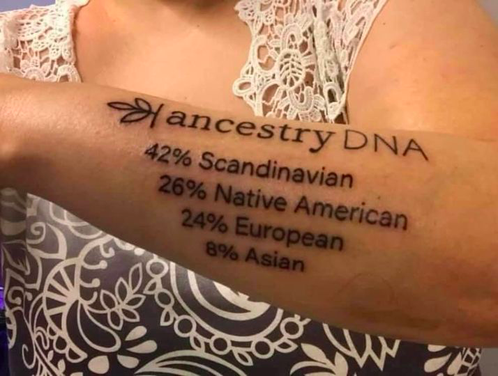 cringe pics - tattoo - ancestry Dna 42% Scandinavian 26% Native American 24% European 8% Asian