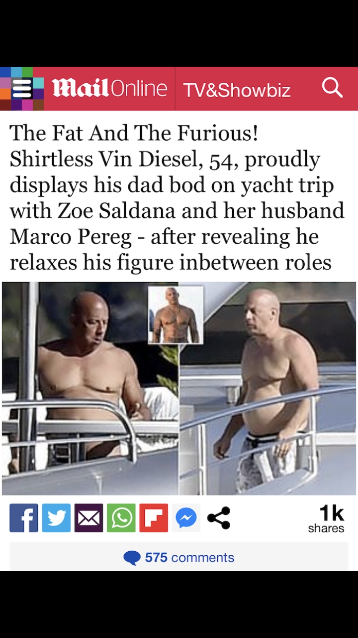 cringe pics - muscle - E Mail Online Tv&Showbiz Q The Fat And The Furious! Shirtless Vin Diesel, 54, proudly displays his dad bod on yacht trip with Zoe Saldana and her husband Marco Pereg after revealing he relaxes his figure inbetween roles fy F 1k 575