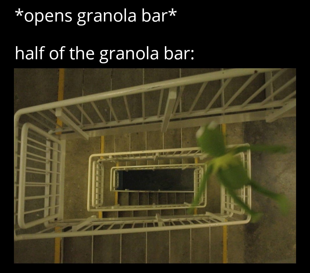 kermit jumping down stairs - opens granola bar half of the granola bar
