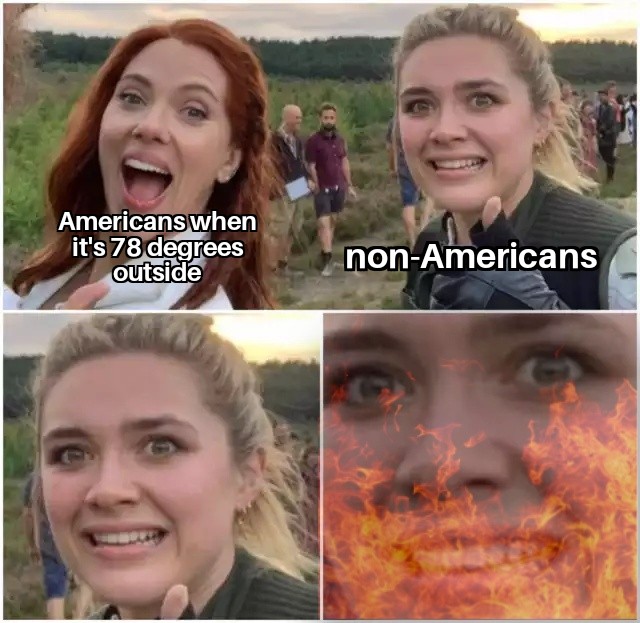 florence pugh scarlett johansson meme - Americans when it's 78 degrees outside nonAmericans