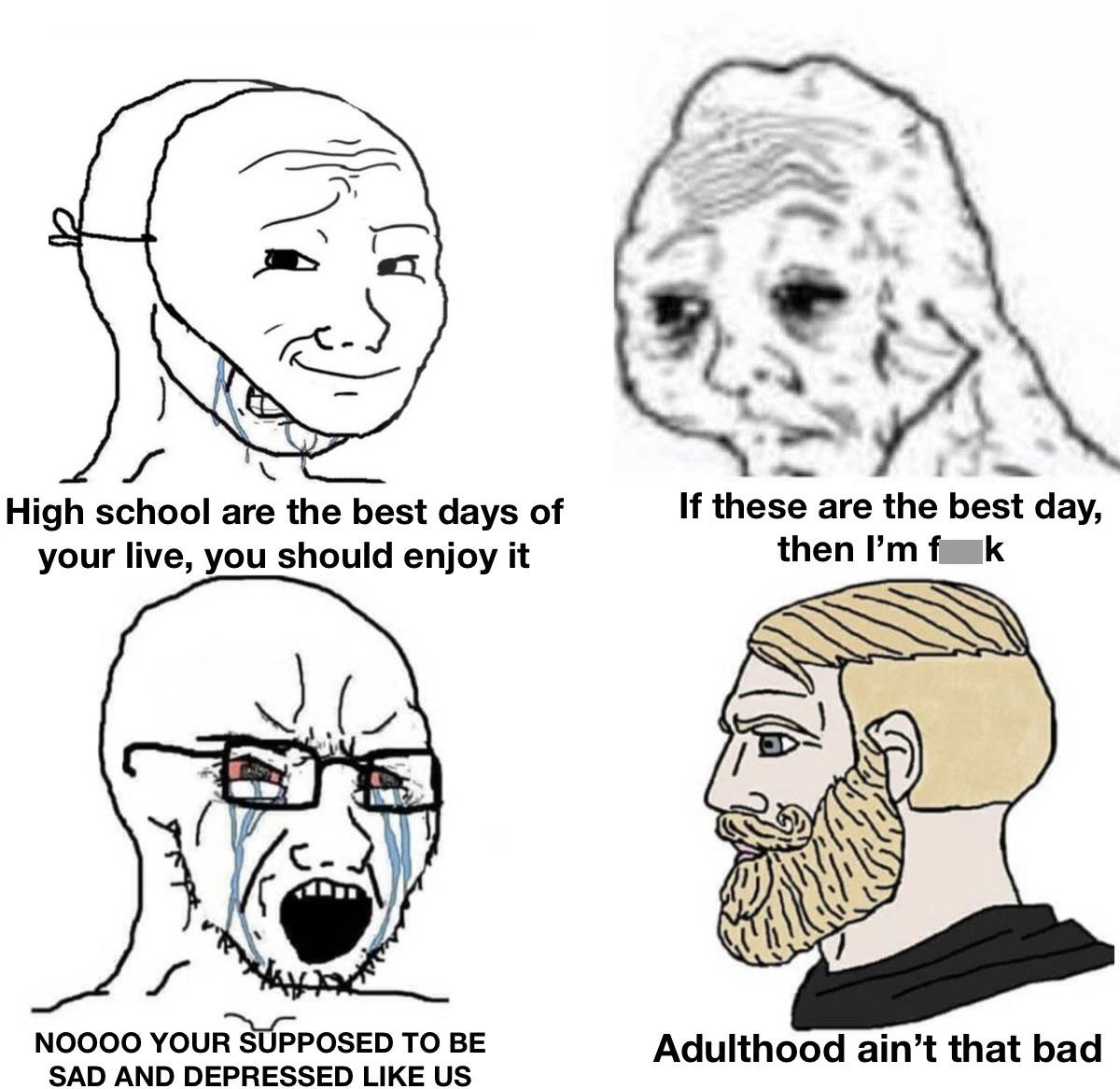 traumatized meme - High school are the best days of your live, you should enjoy it If these are the best day, then I'm f k Noooo Your Supposed To Be Sad And Depressed Us Adulthood ain't that bad