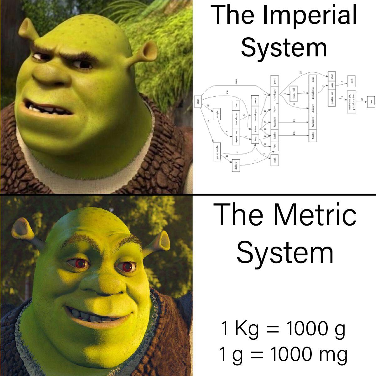 dank memes - shrek meme template - The Imperial System 1 us | All Meryemke Minhales para 1 1 The Metric System 1 kg 1000 g 1g 1000 mg