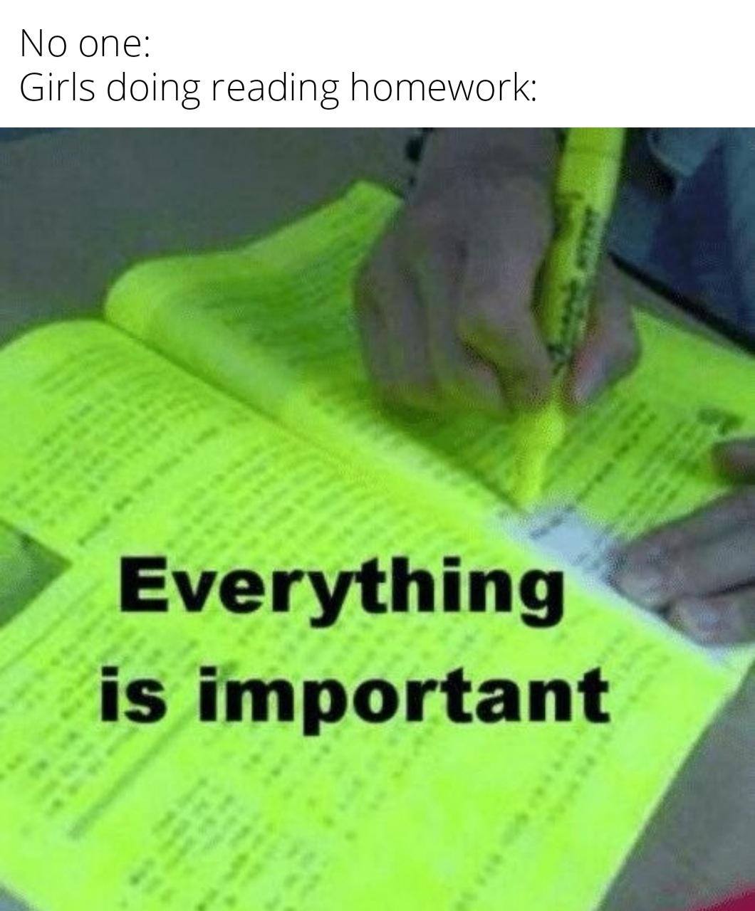 dank memes - funny memes - rya training centre - No one Girls doing reading homework Everything is important
