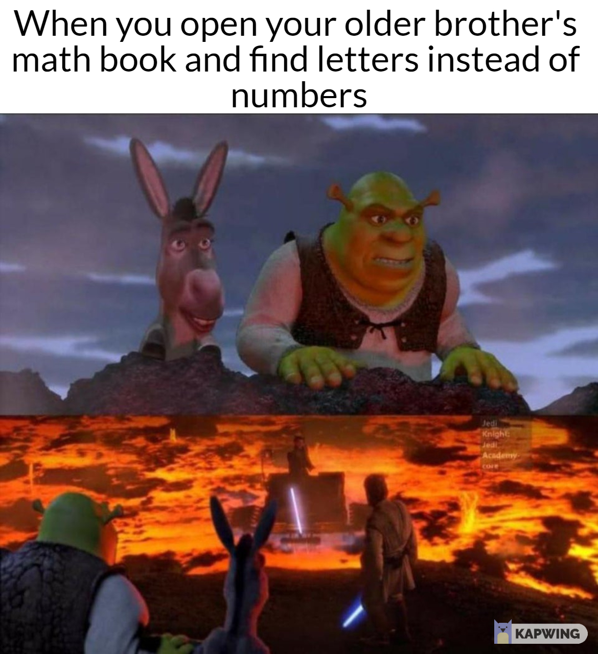 shrek star wars meme - When you open your older brother's math book and find letters instead of numbers Kapwing