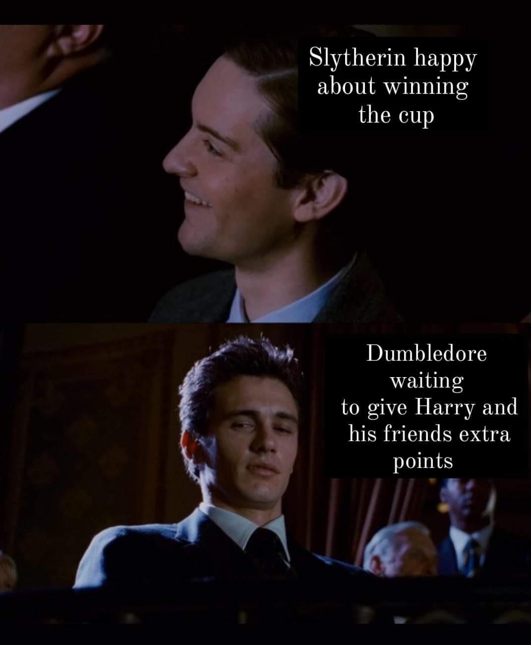 let's play raid shadow legends meme - Slytherin happy about winning the cup Dumbledore waiting to give Harry and his friends extra points