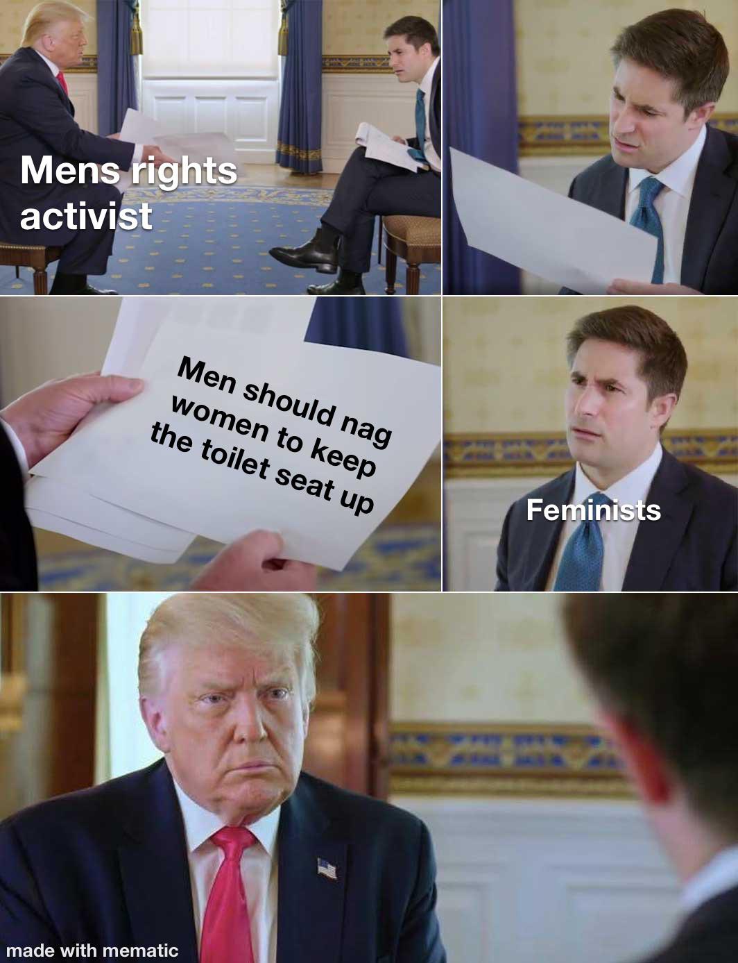 trump jonathan swan meme template - Mens rights activist Men should nag women to keep the toilet seat up Feminists made with mematic