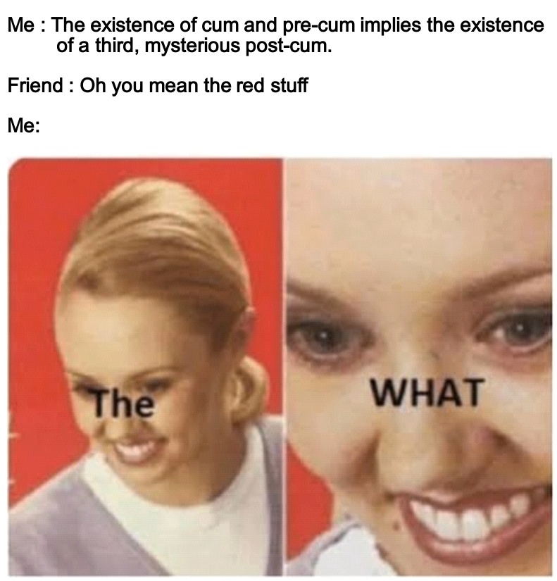 watt meme - Me The existence of cum and precum implies the existence of a third, mysterious postcum. Friend Oh you mean the red stuff Me The What