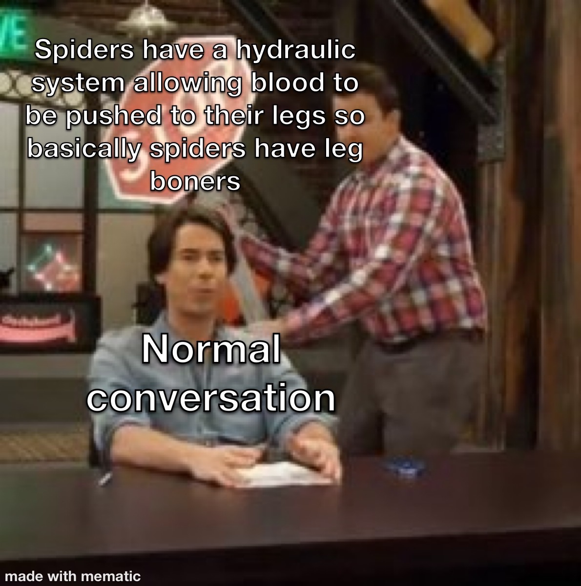 shrek is 20 years old - Ve Spiders have a hydraulic system allowing blood to be pushed to their legs so basically spiders have leg boners Normal conversation made with mematic