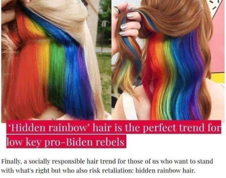 cringe pics - wtf pics - rainbow half hair - 'Hidden rainbow hair is the perfet trend for low key proBiden rebels Finally, a socially responsible hair trend for those of us who want to stand with what's right but who also risk retaliation hidden rainbow h