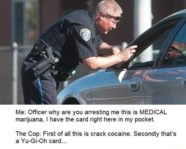 meme funny cop - Pol Me Officer why are you arresting me this is Medical marijuana, I have the card right here in my pocket. The Cop First of all this is crack cocaine. Secondly that's a YuGiOh card...