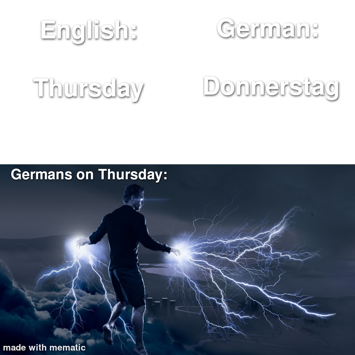 lightning man - English German Thursday Donnerstag Germans on Thursday made with mematic