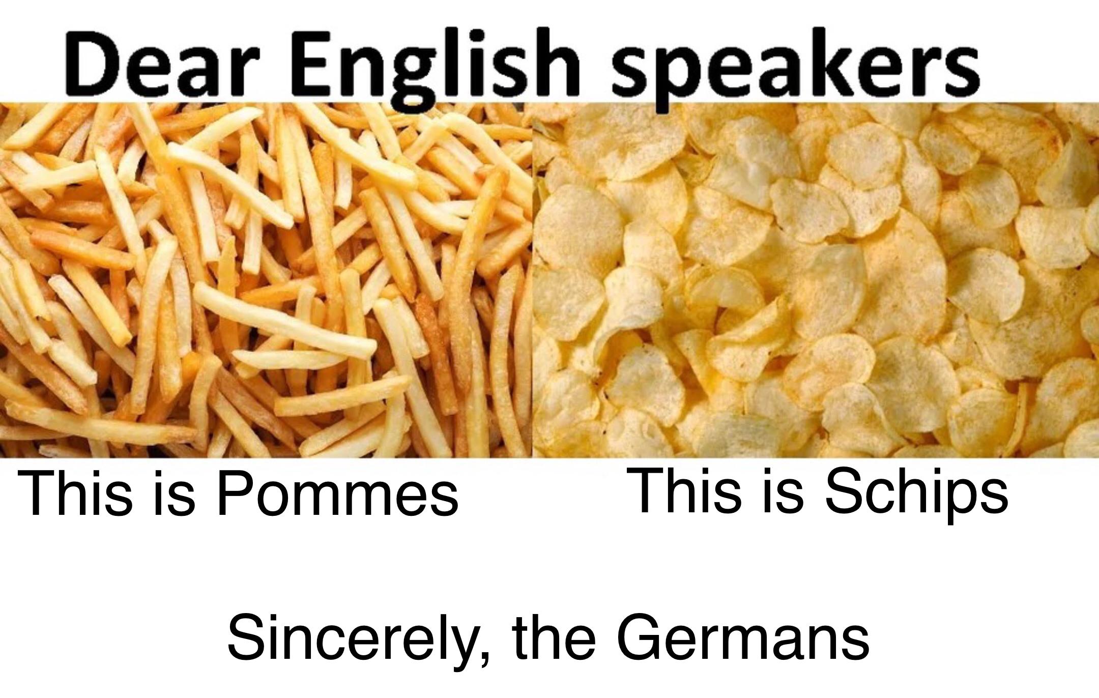hilarious memes - french fries - Dear English speakers This is Pommes This is Schips Sincerely, the Germans