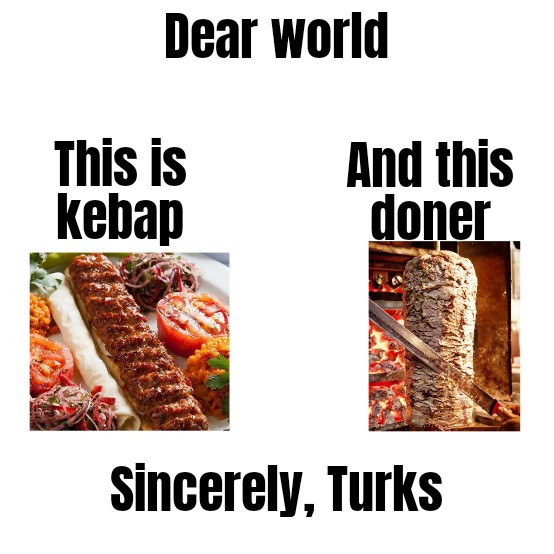 hilarious memes - recipe - Dear World This is kebap And this doner. Sincerely, Turks