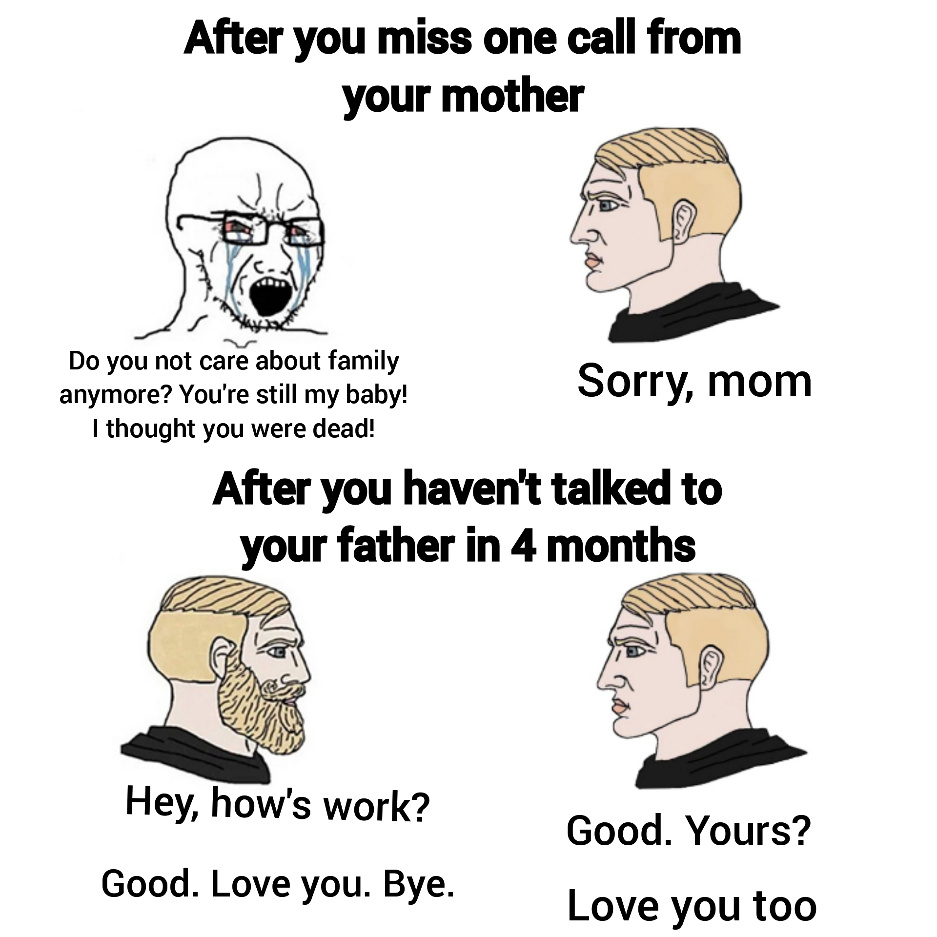 cartoon - After you miss one call from your mother Do you not care about family anymore? You're still my baby! Sorry, mom I thought you were dead! After you haven't talked to your father in 4 months Hey, how's work? Good. Yours? Good. Love you. Bye. Love 