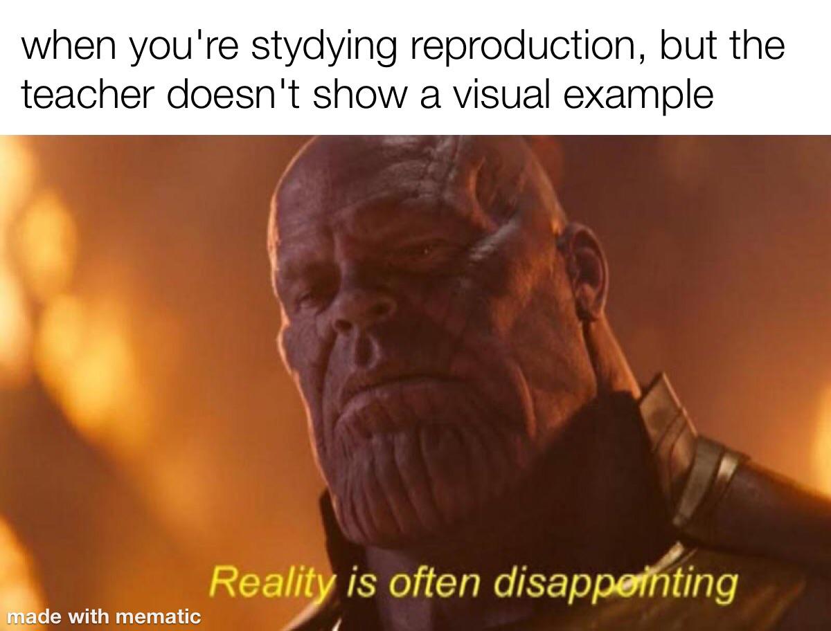reality can be whatever i want thanos - when you're stydying reproduction, but the teacher doesn't show a visual example Reality is often disappointing made with mematic