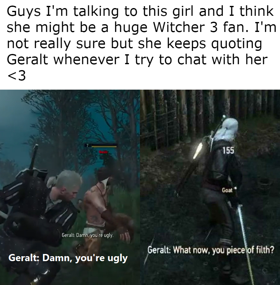 now you piece of filth - Guys I'm talking to this girl and I think she might be a huge Witcher 3 fan. I'm not really sure but she keeps quoting Geralt whenever I try to chat with her