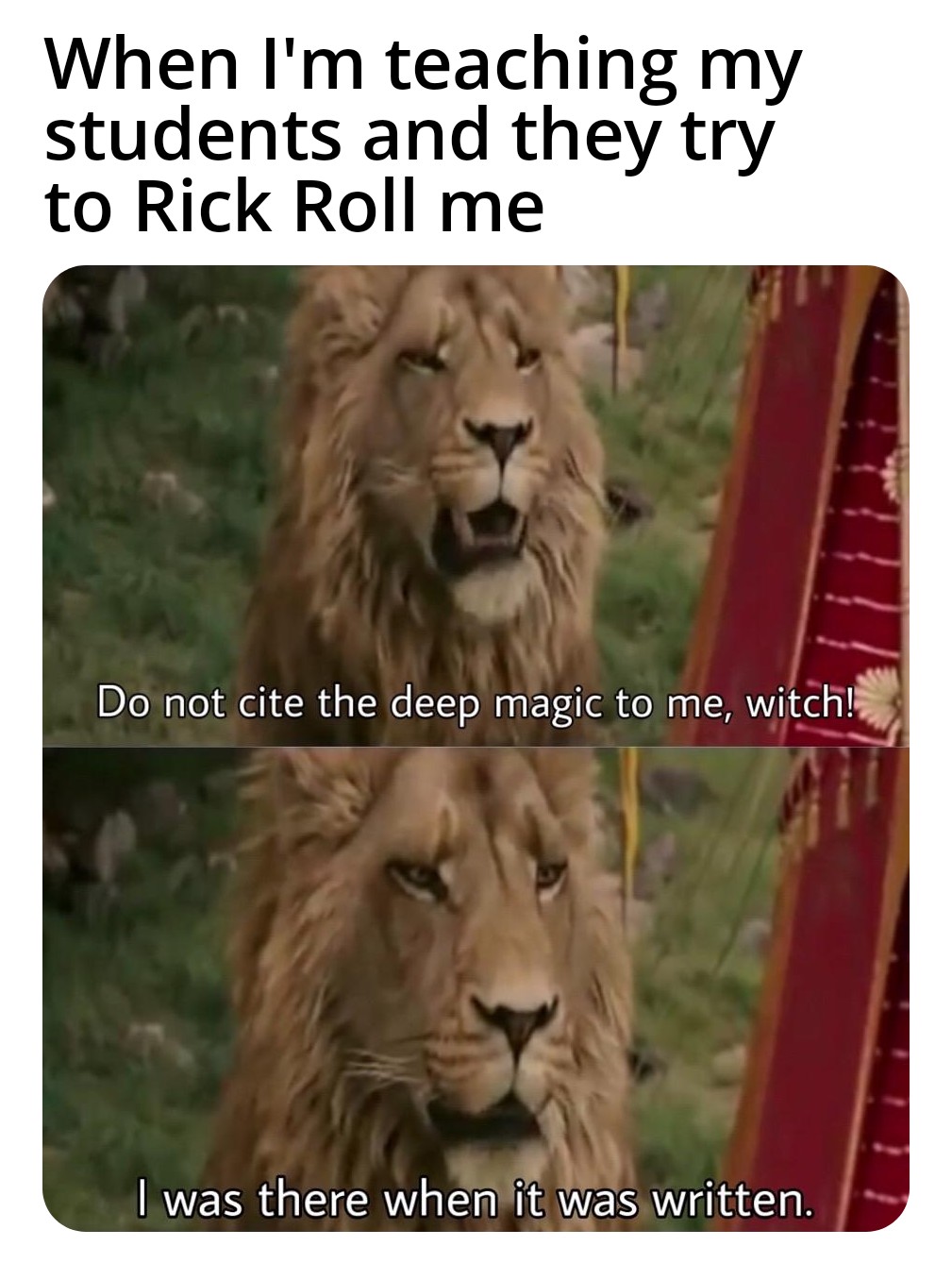 funny memes - bridgerton memes - When I'm teaching my students and they try to Rick Roll me Do not cite the deep magic to me, witch! I was there when it was written.