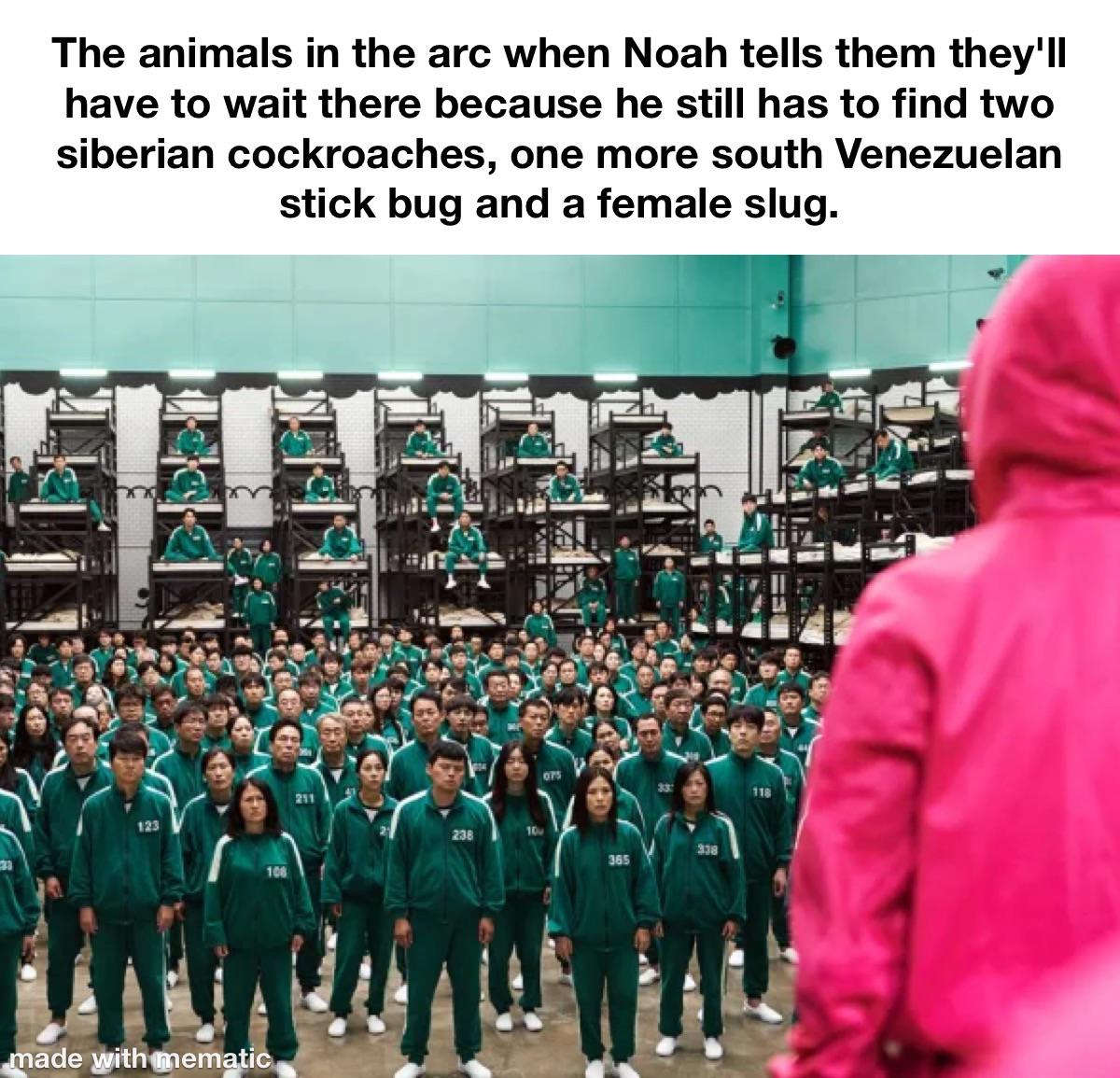 funny memes - squid game netflix - The animals in the arc when Noah tells them they'll have to wait there because he still has to find two siberian cockroaches, one more south Venezuelan stick bug and a female slug. Or 118 291 123 238 10 358 365 108 made 