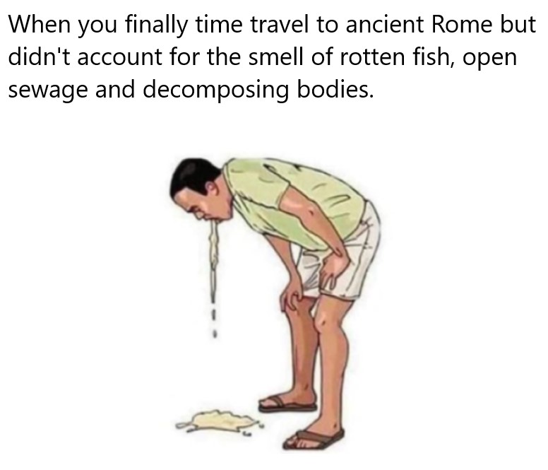you hear your own voice - When you finally time travel to ancient Rome but didn't account for the smell of rotten fish, open sewage and decomposing bodies.