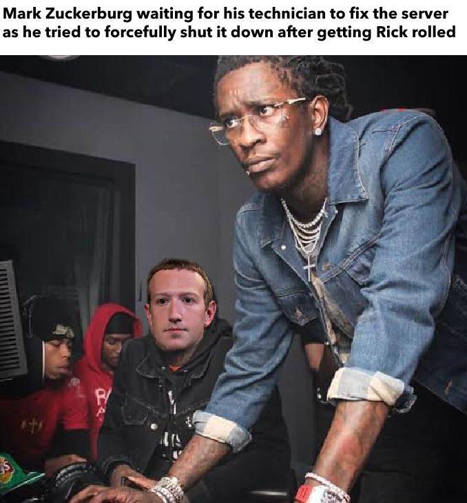dad and son computer meme - Mark Zuckerburg waiting for his technician to fix the server as he tried to forcefully shut it down after getting Rick rolled Us