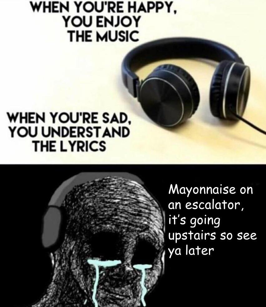 you re happy you enjoy the music rics meme template - When You'Re Happy, You Enjoy The Music When You'Re Sad, You Understand The Lyrics Mayonnaise on an escalator, it's going upstairs so see ya later