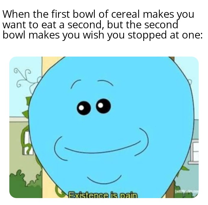 existance is pain meme - When the first bowl of cereal makes you want to eat a second, but the second bowl makes you wish you stopped at one Existence is pain