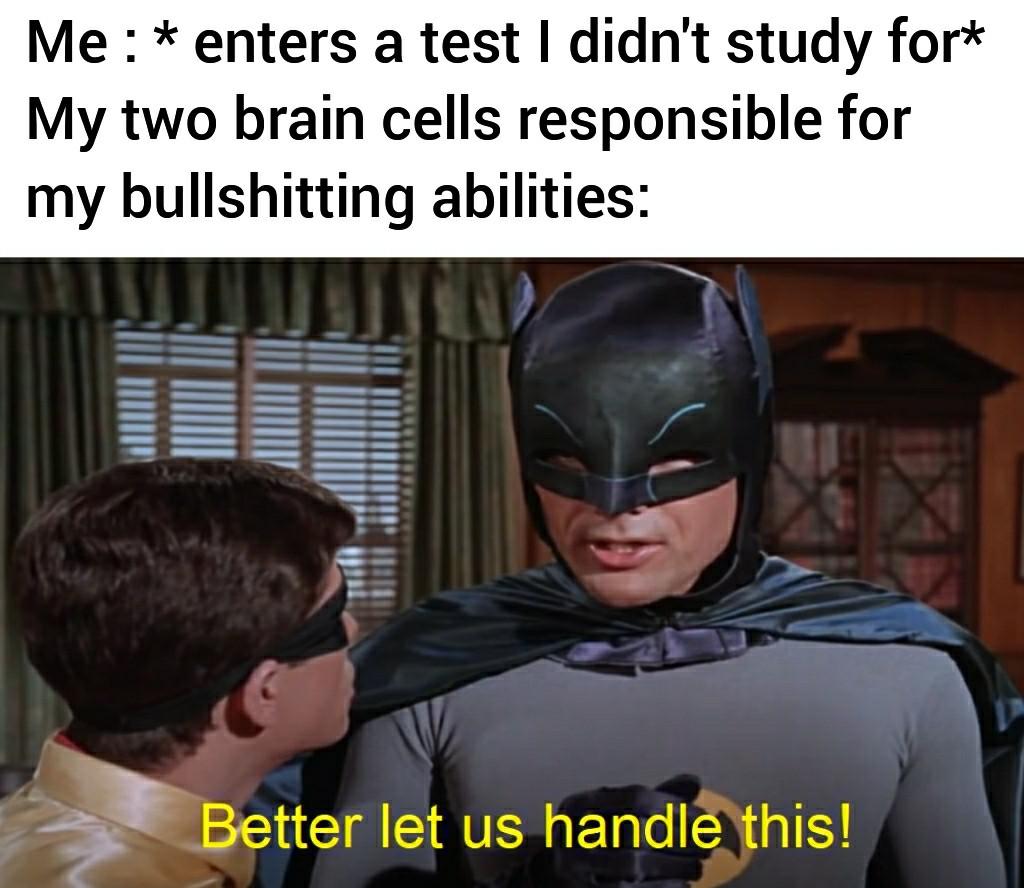 photo caption - Me enters a test I didn't study for My two brain cells responsible for my bullshitting abilities Better let us handle this!