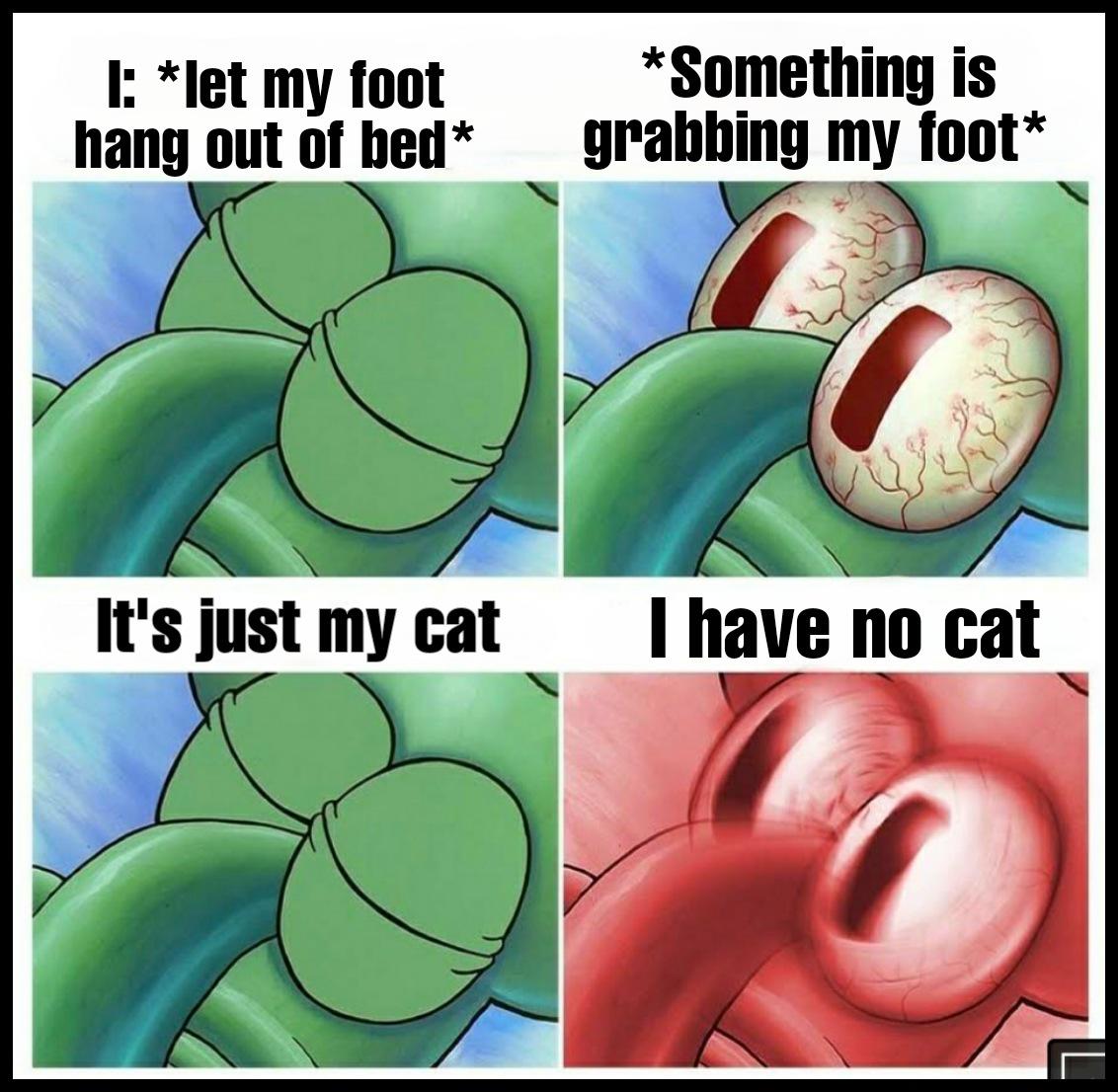 cartoon - 1 let my foot hang out of bed Something is grabbing my foot O It's just my cat I have no cat