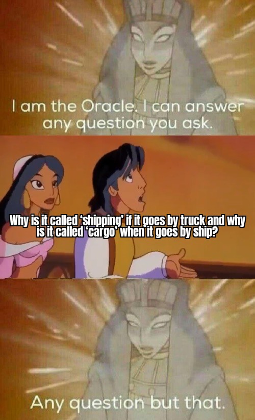 am the oracle meme - I am the Oracle. I can answer any question you ask. Why is it called shipping it it goes by truck and why is it called 'cargo' when it goes by ship? Any question but that.