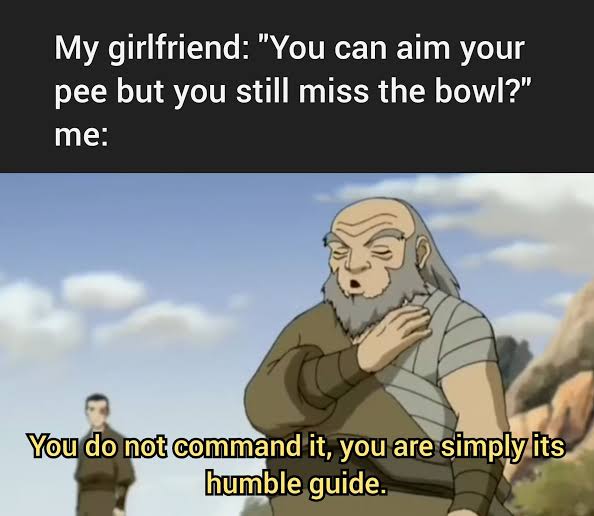 pee splits into 2 streams meme - My girlfriend "You can aim your pee but you still miss the bowl?" me You do not command it, you are simply its humble guide.