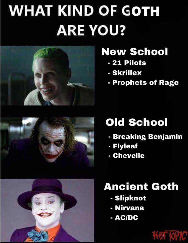 gamer are you - What Kind Of Goth Are You? New School 21 Pilots Skrillex Prophets of Rage Old School Breaking Benjamin Flyleaf Chevelle Ancient Goth Slipknot Nirvana AcDc Hof Topic