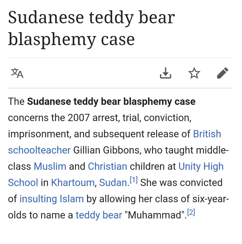 Sudanese teddy bear blasphemy case A The Sudanese teddy bear blasphemy case concerns the 2007 arrest, trial, conviction, imprisonment, and subsequent release of British schoolteacher Gillian Gibbons, who taught middle class Muslim and Christian children a