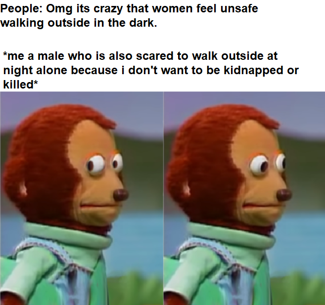 nothing to see here meme - People Omg its crazy that women feel unsafe walking outside in the dark. me a male who is also scared to walk outside at night alone because i don't want to be kidnapped or killed