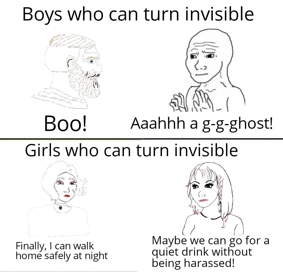 line art - Boys who can turn invisible . Boo! Aaahhh a ggghost! Girls who can turn invisible . Finally, I can walk home safely at night Maybe we can go for a quiet drink without being harassed!