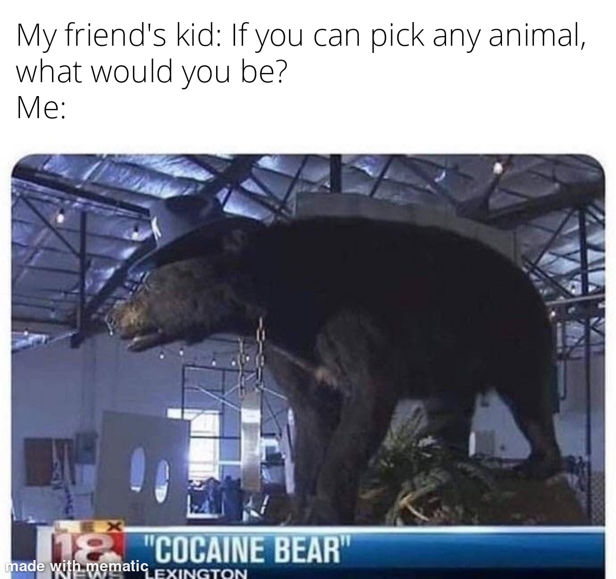 cocaine bear meme apex predator - My friend's kid If you can pick any animal, what would you be? Me "Cocaine Bear" made with mematiq. Exington