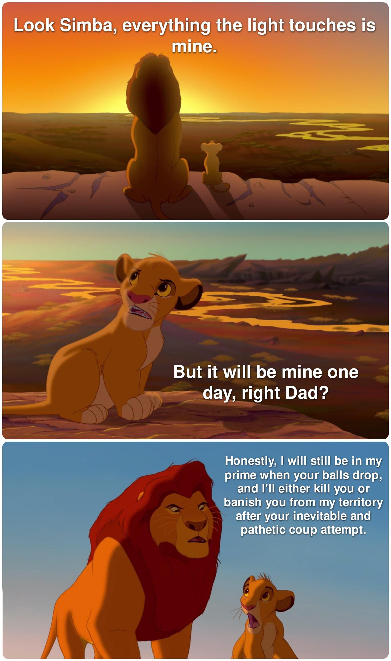 funny memes - dank memes - lion king meme template - Look Simba, everything the light touches is mine. But it will be mine one day, right Dad? Honestly, I will still be in my prime when your balls drop, and I'll either kill you or banish you from my terri