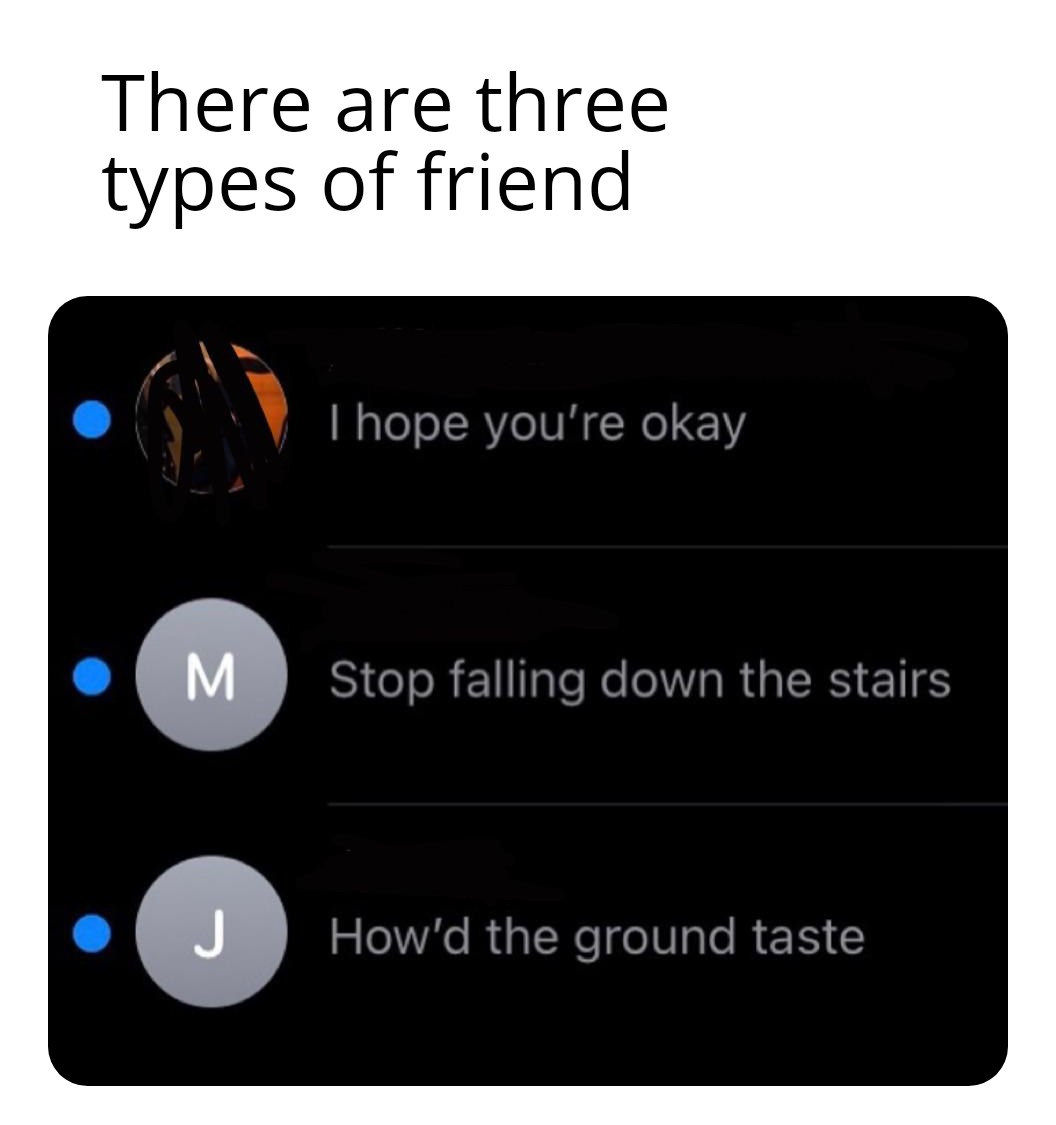 funny memes - dank memes - multimedia - There are three types of friend I hope you're okay M Stop falling down the stairs J How'd the ground taste J