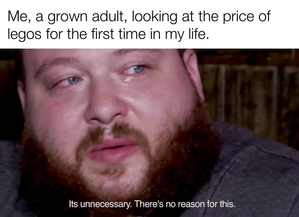 funny memes - dank memes - it's unnecessary there's no reason - Me, a grown adult, looking at the price of legos for the first time in my life. Its unnecessary. There's no reason for this.