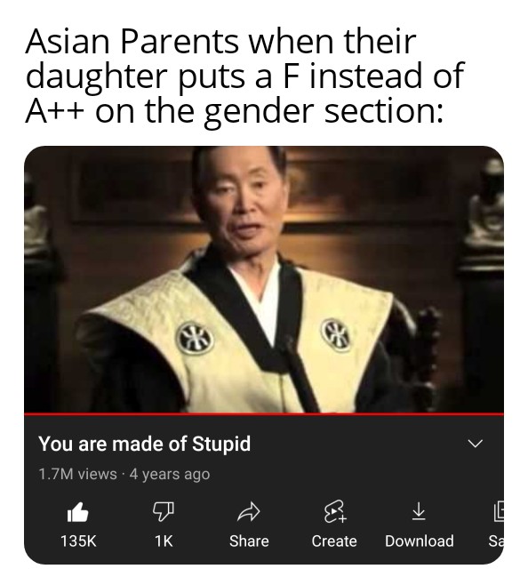 funny pics and memes - photo caption - Asian Parents when their daughter puts a Finstead of A on the gender section You are made of Stupid 1.7M views 4 years ago C I 1K Create Download Sa