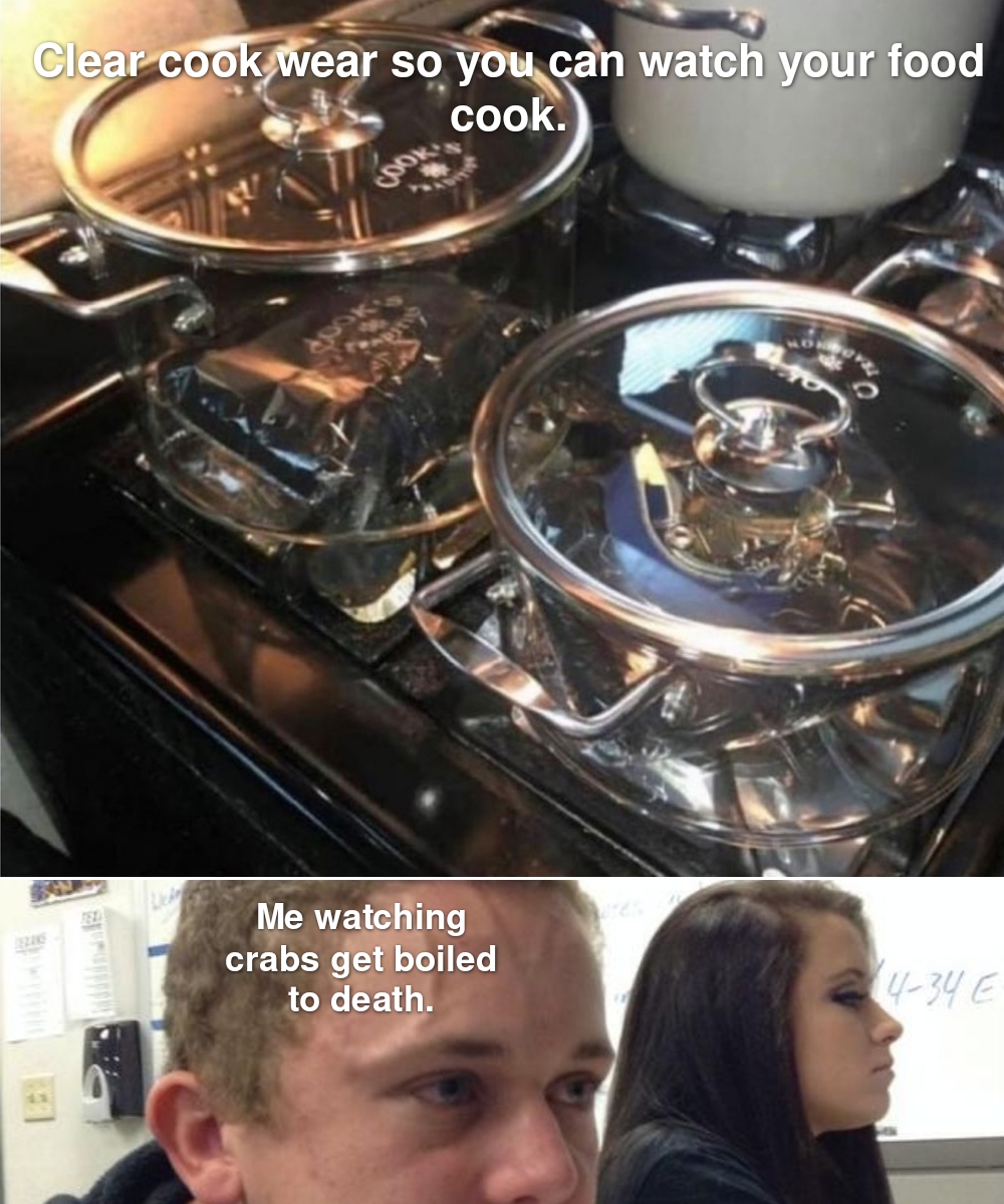 cookware and bakeware - Clear cook wear so you can watch your food cook. Me watching crabs get boiled to death. 434