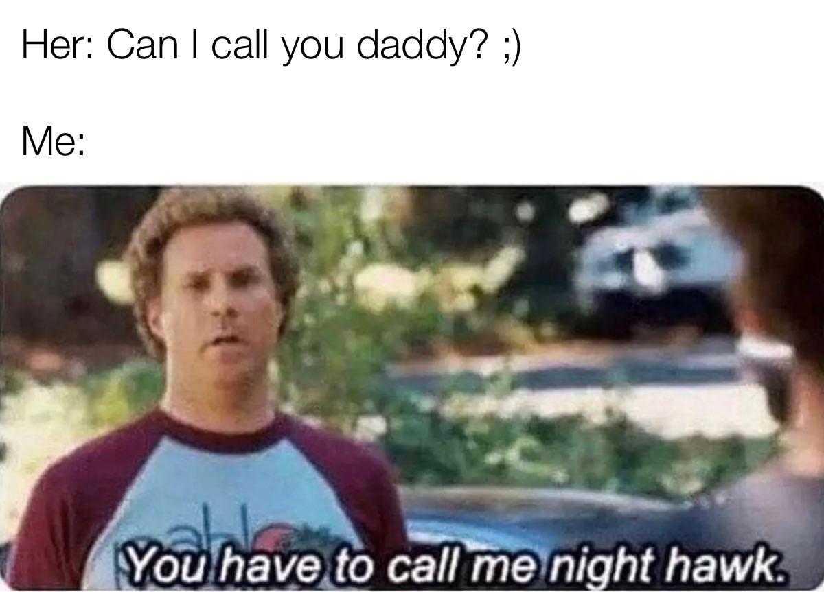 gamertag meme - Her Can I call you daddy? ; Me You have to call me night hawk.