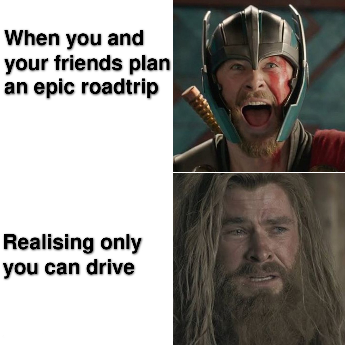 dank memes - marvel thor funny - When you and your friends plan an epic roadtrip Realising only you can drive