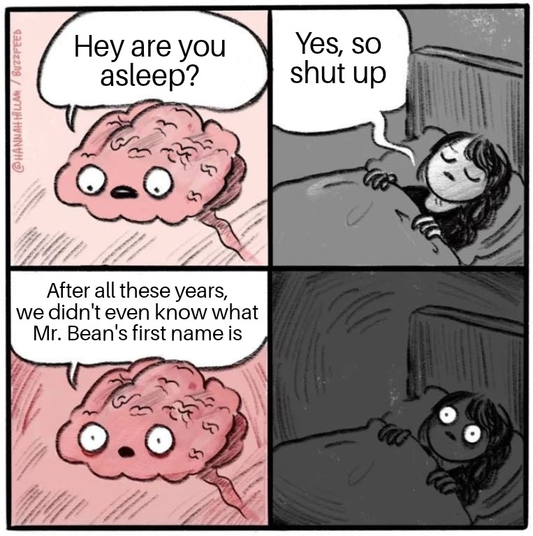 dank memes - can t sleep now - Hey are you asleep? Yes, so shut up Hannah Haluam Buzzfeed After all these years, we didn't even know what Mr. Bean's first name is