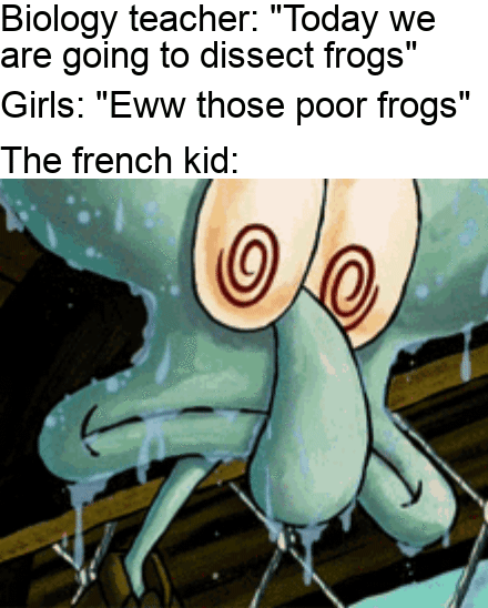 peanut butter on tittie meme - Biology teacher "Today we are going to dissect frogs" Girls "Eww those poor frogs" The french kid le