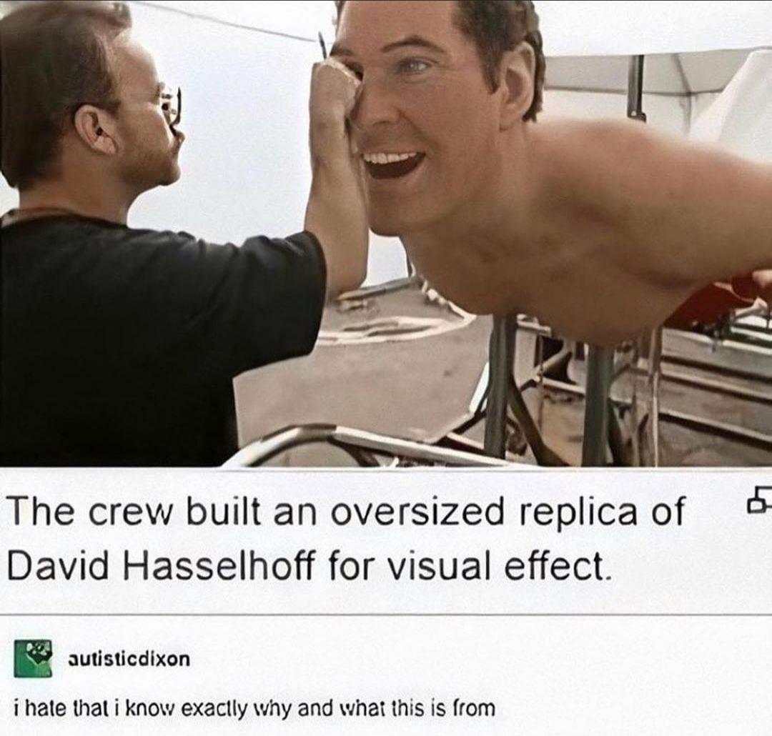 crew built an oversized replica - La The crew built an oversized replica of David Hasselhoff for visual effect. autisticdixon i hate that i know exactly why and what this is from