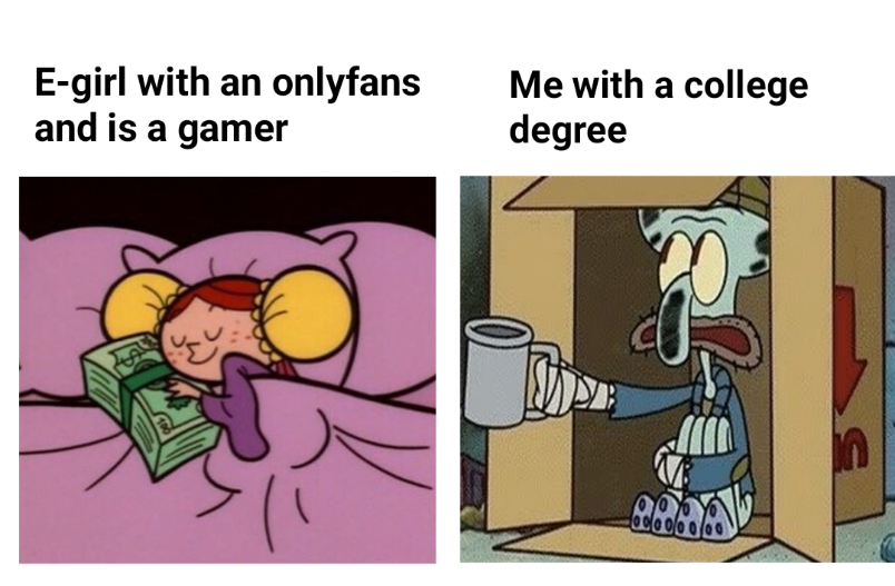 youtube 3 ads meme - Egirl with an onlyfans and is a gamer Me with a college degree 000000