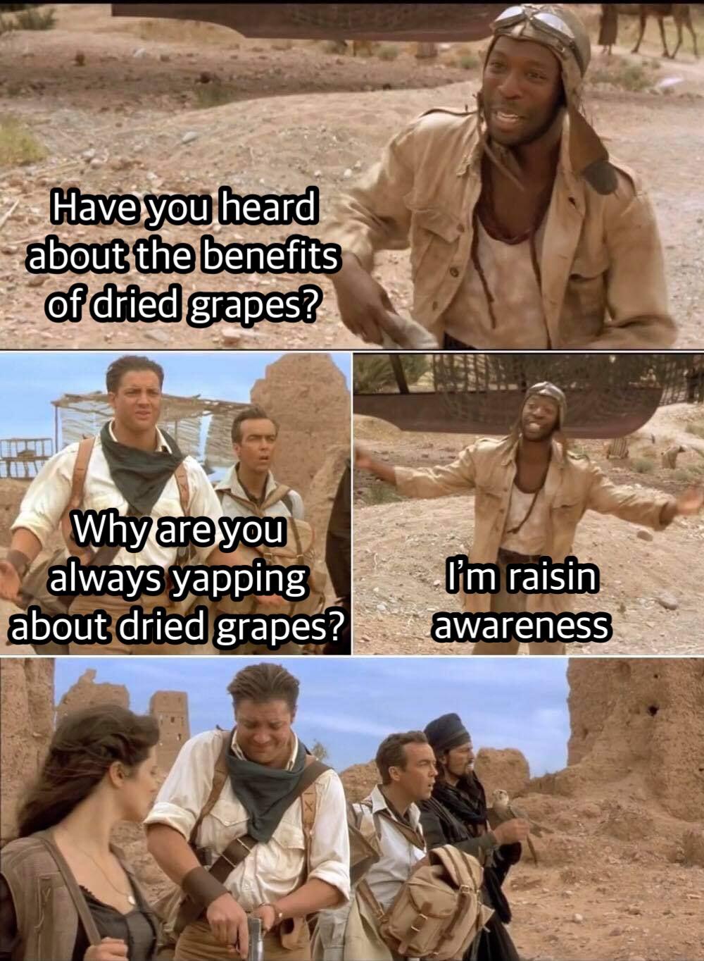 funniest memes - mummy returns izzy meme - Have you heard about the benefits of dried grapes? Ph Why are you always yapping about dried grapes? I'm raisin awareness