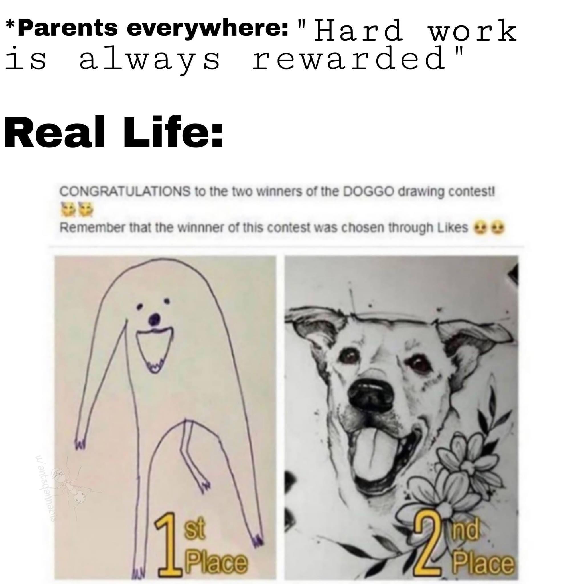 congratulations to the two winners of the doggo drawing contest - Parents everywhere "Hard work is always rewarded" Real Life Congratulations to the two winners of the Doggo drawing contest! Remember that the winnner of this contest was chosen through Wan