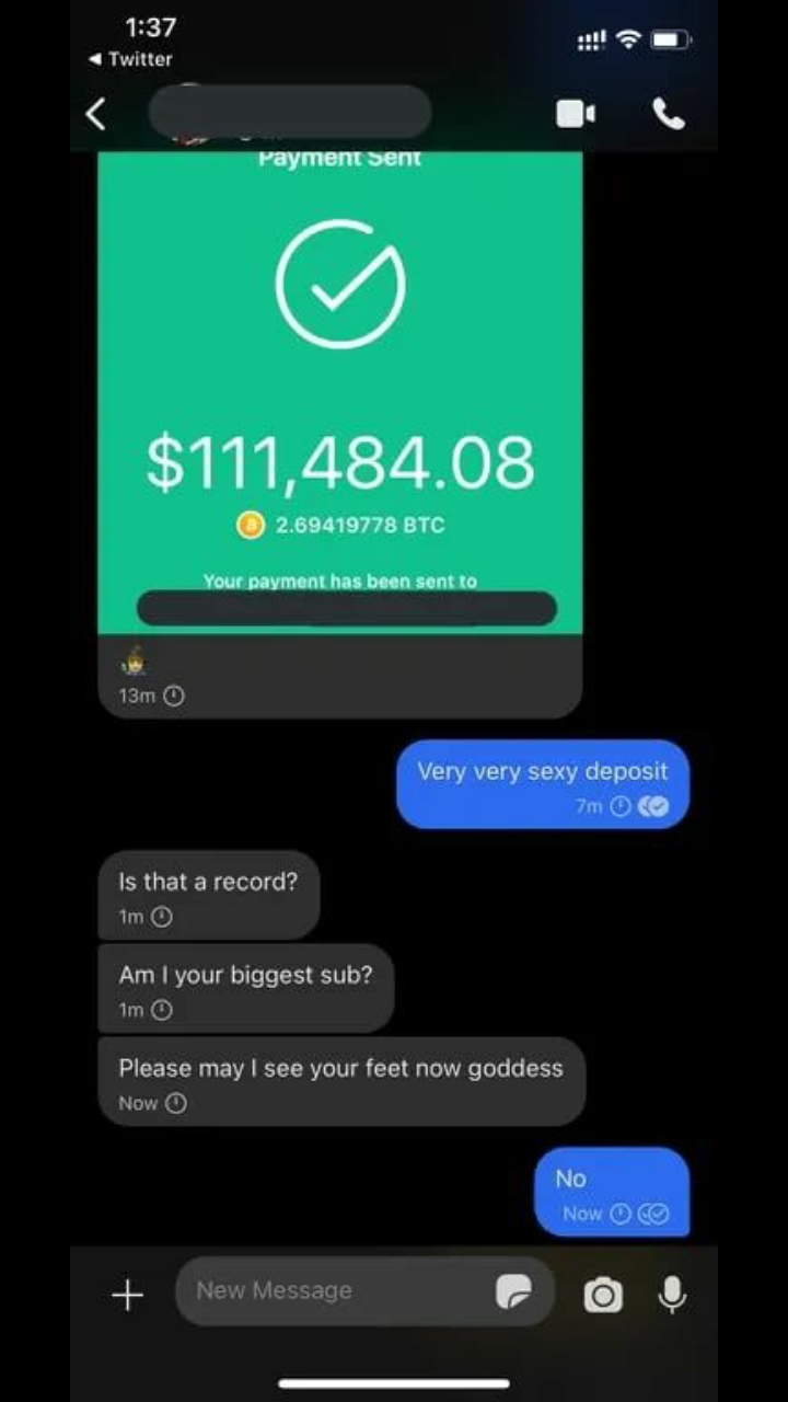 screenshot - | Twitter Payment sent $111,484.08 2.69419778 Btc Your payment has been sent to 13m 0 Very very sexy deposit 7m Is that a record? tm0 Am I your biggest sub? 1m 0 Please may I see your feet now goddess Now O No Now O New Message